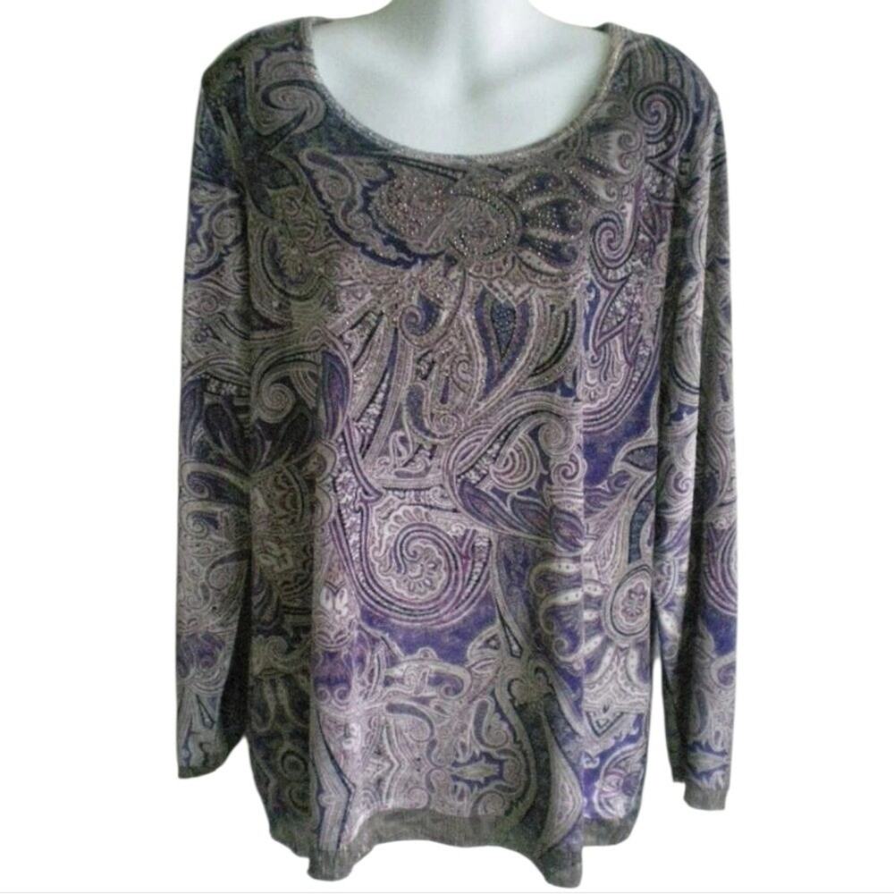 Chicos Womens Long Sleeve Purple Velour Paisley Scoop Neck Tunic Top Size 1 Med